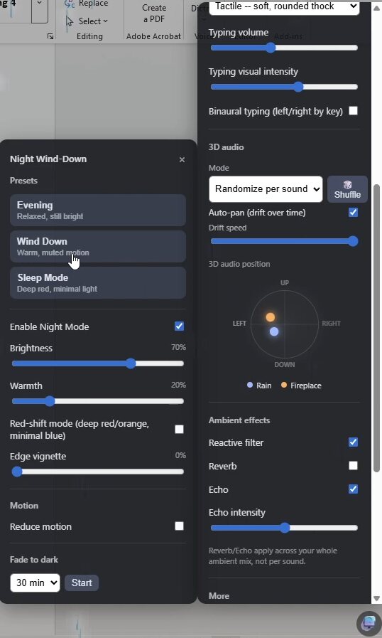 Night Wind-Down panel with presets, brightness, warmth, and fade-to-dark controls
